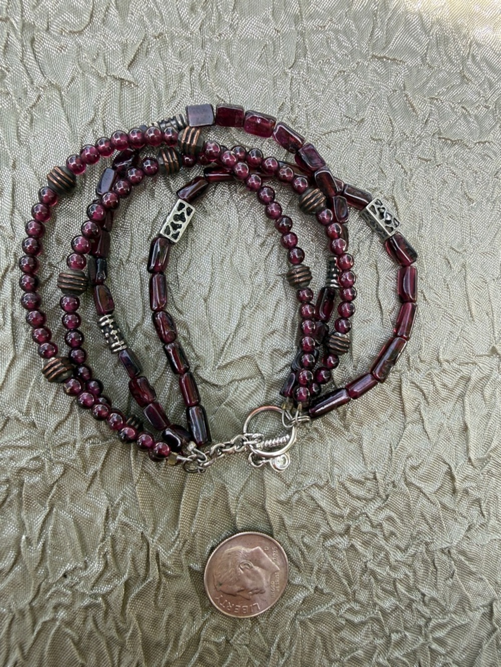 Handmade natural  Garnet-Red Beaded Multi-Strand Bracelet w silver plated clasp
